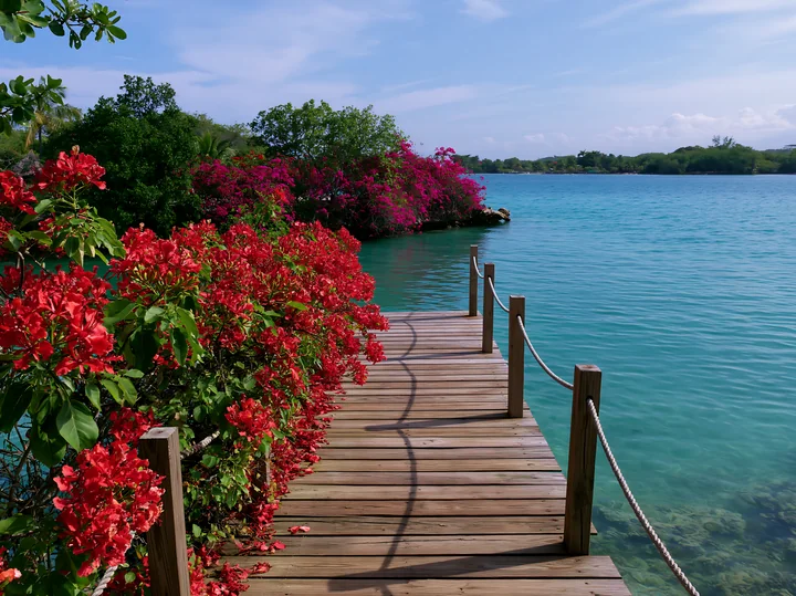 A wooden pathway leads through vibrant flowers toward a clear tropical lagoon.