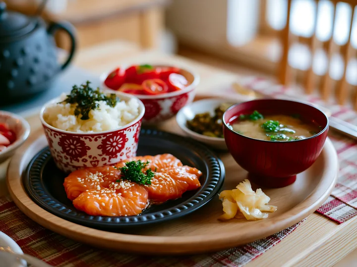A wooden tray holds multiple dishes, including salmon, rice, soup, and vegetables.