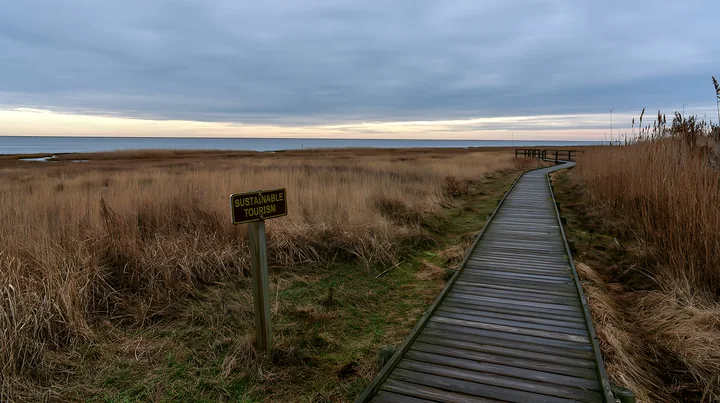 A wooden walkway leads through tall grass to a coastline, where a sign emphasizes sustainable tourism.