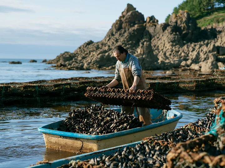 A worker gathers mussels from a boat near the coastline with mussel farms.