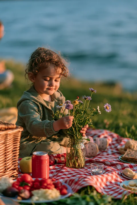 A young child enjoys a picnic by an alpine lake, arranging wildflowers in a vase.