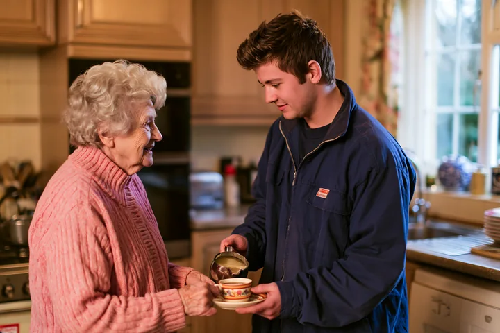 A young man serves tea to an older woman in a cozy kitchen setting.