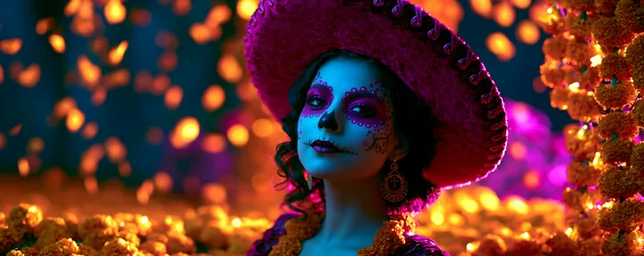 A young woman stands in a vibrant setting, wearing a traditional outfit and a large hat, adorned with skull face paint.