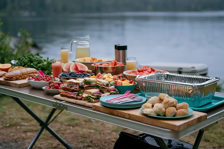 A zero waste buffet table features an array of colorful foods, drinks, and desserts set outdoors near a lake.