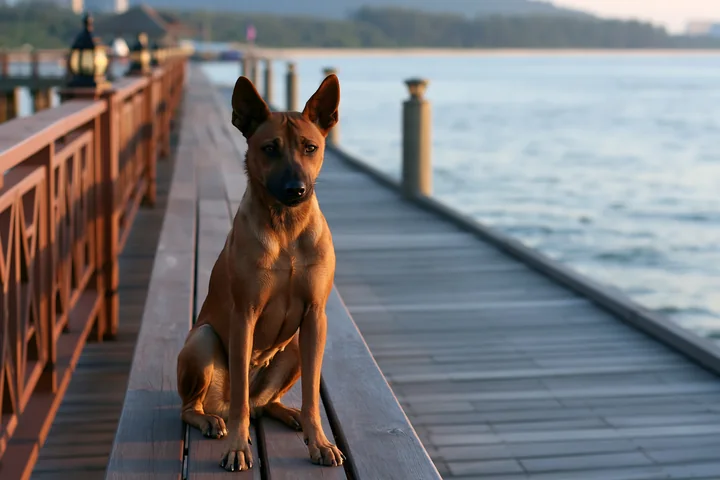 Alert short-haired dog sitting on a wooden boardwalk beside calm seaside water.