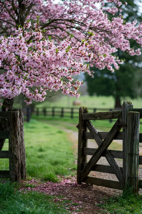 Almond tree blossoms in landscape create a colorful view near an open wooden gate.