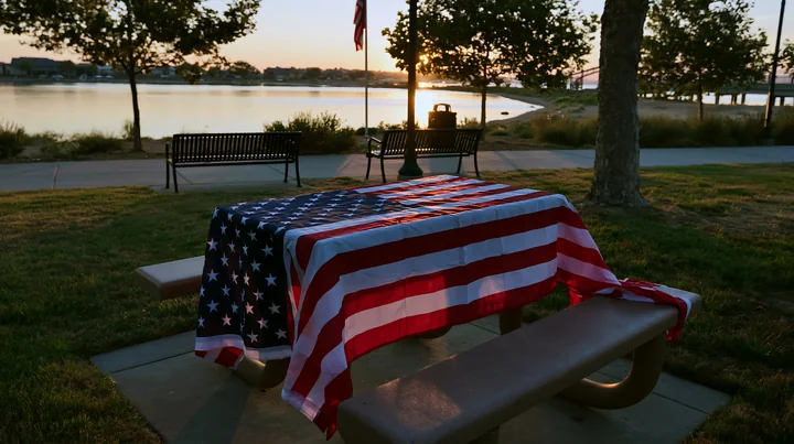 An American flag at dawn covers a table in a park near a calm body of water.