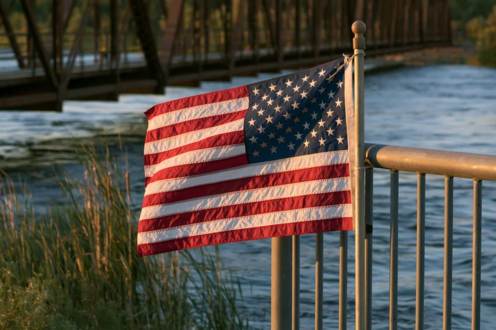 An American flag flying in strong wind is attached to a fence by a river.