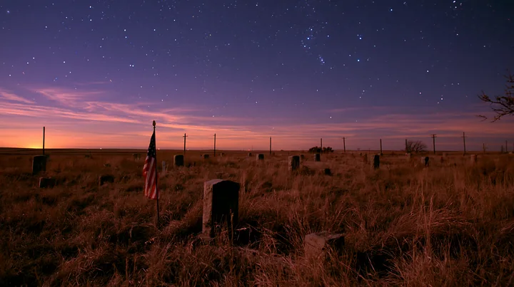 An American flag stands among graves at twilight under a starry sky.
