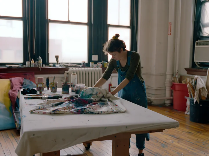 An artist works in a bright studio, focusing on a splattered artist canvas textile laid out on a large table.