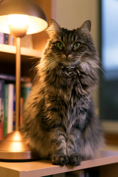 An Asian Semi-longhair cat is perched on a wooden shelf beside a lamp in a cozy indoor setting.