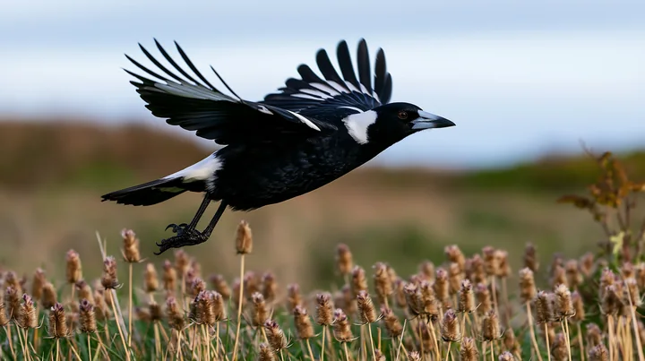 An Australian magpie flies over grassland while searching for food.