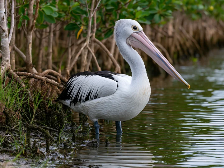 An Australian pelican is near the water in a coastal lagoon, surrounded by mangroves and grass.
