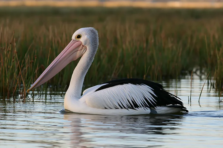 An Australian pelican is swimming calmly in a coastal lagoon surrounded by tall grasses.