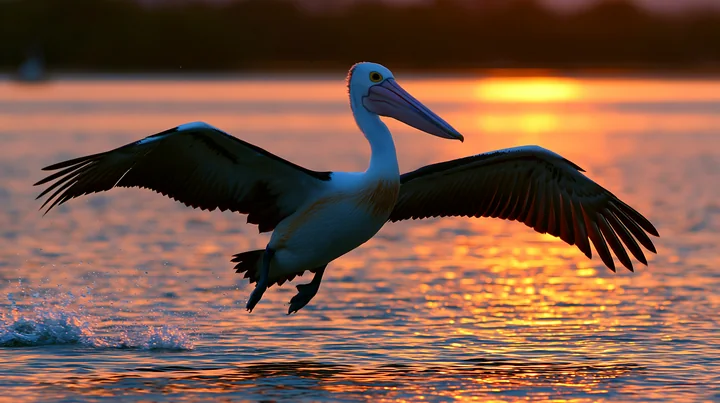 An Australian pelican on coastal lagoon spreads its wings and takes off above the water.