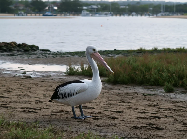 An Australian pelican on coastal lagoon waits near the water's edge at low tide.