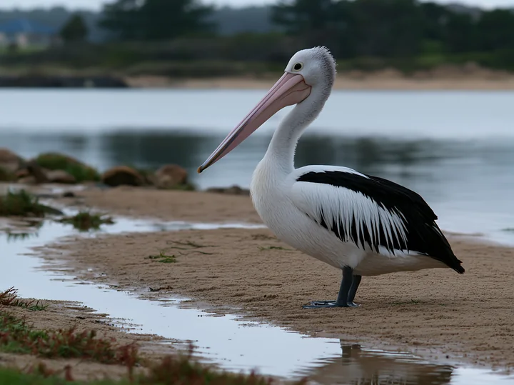 An Australian pelican on coastal lagoon walks along the sandy shore while water reflects its image.
