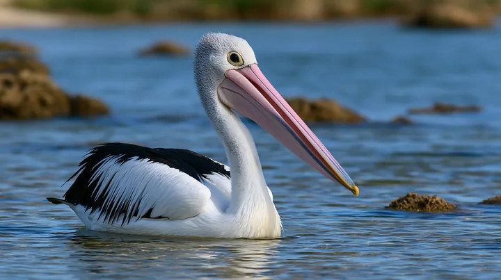 An Australian pelican swims in a coastal lagoon surrounded by rocks.