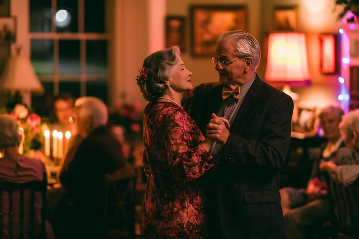 An elderly couple dances slowly in their living room, surrounded by soft light and decor.