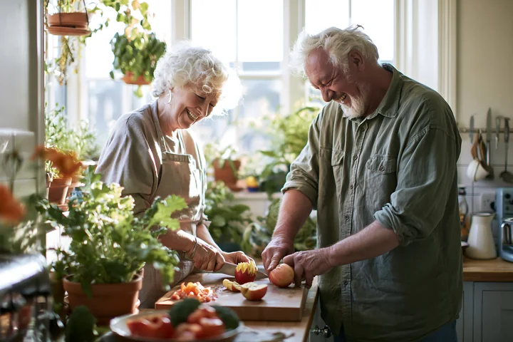 An elderly couple enjoys preparing food together in a bright kitchen filled with plants.