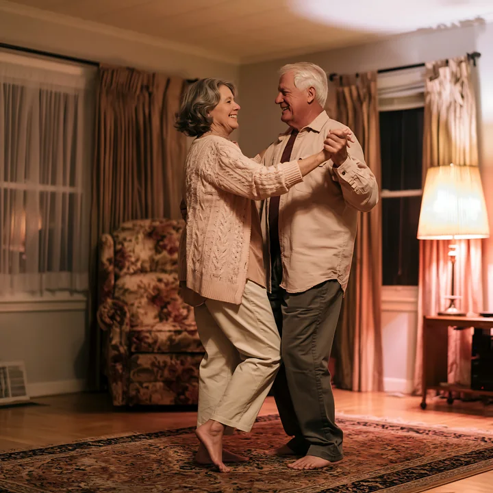 An elderly couple is dancing barefoot in a living room.