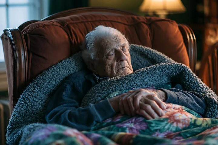 An elderly man with Alzheimer's resting with a blanket on a cozy sofa holds his hands together as he drifts off to sleep.