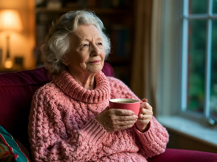 An elderly woman with Alzheimer's holding a cup of coffee sits in a cozy living room.