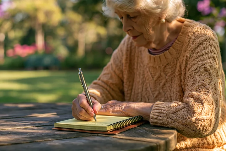An elderly woman with Alzheimer's writes reminders in a notebook while sitting at a wooden table in a garden.