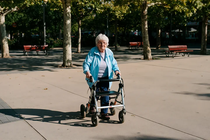 An elderly woman with Parkinson's disease walking outdoors in a park using a walker.