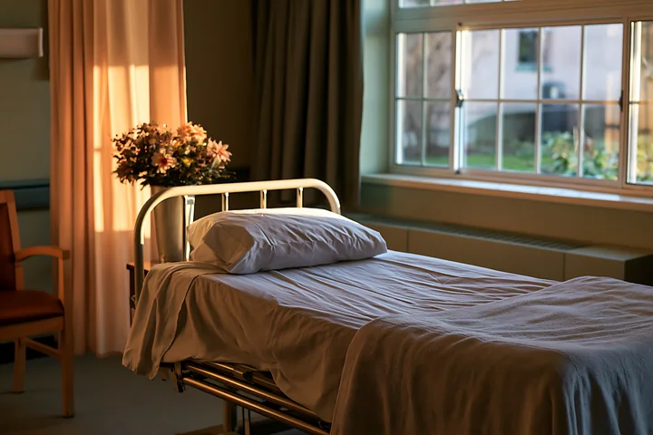 An empty bed in a hospice room shows soft natural light coming through the window.