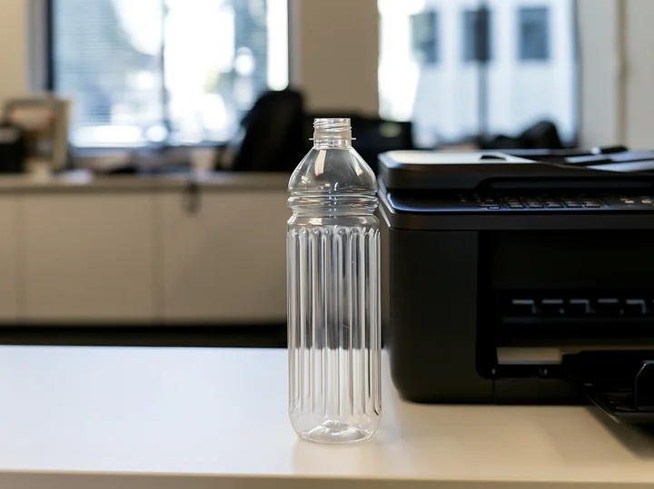 An empty bottle is placed on a desk in an office setting, next to a printer.