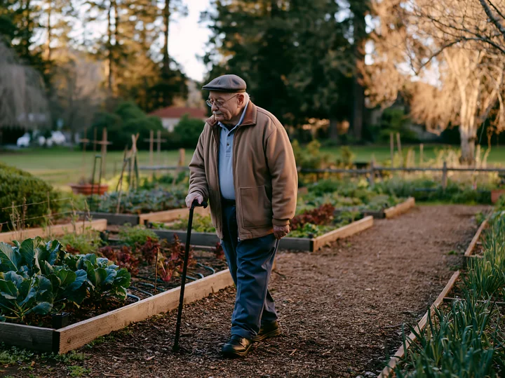 An older adult with Parkinson's disease walking with a cane along garden paths filled with vegetable plants.