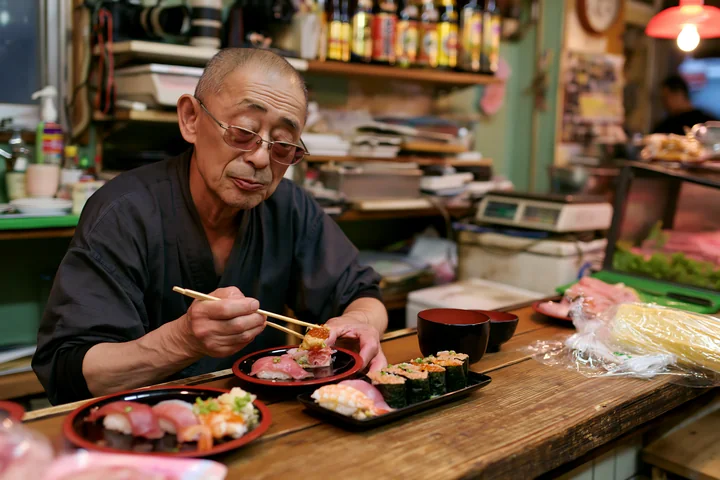 An older man sits at a wooden counter, enjoying a traditional sushi breakfast in Japan.