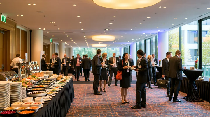 Attendees at a business conference buffet gather to network and enjoy a variety of food options in a well-lit, modern venue.