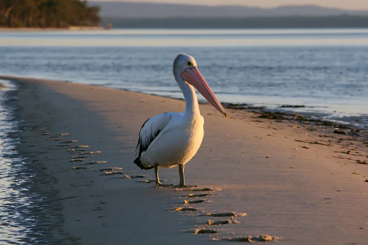 Australian pelican standing on a sandy shore beside calm coastal lagoon water at sunset