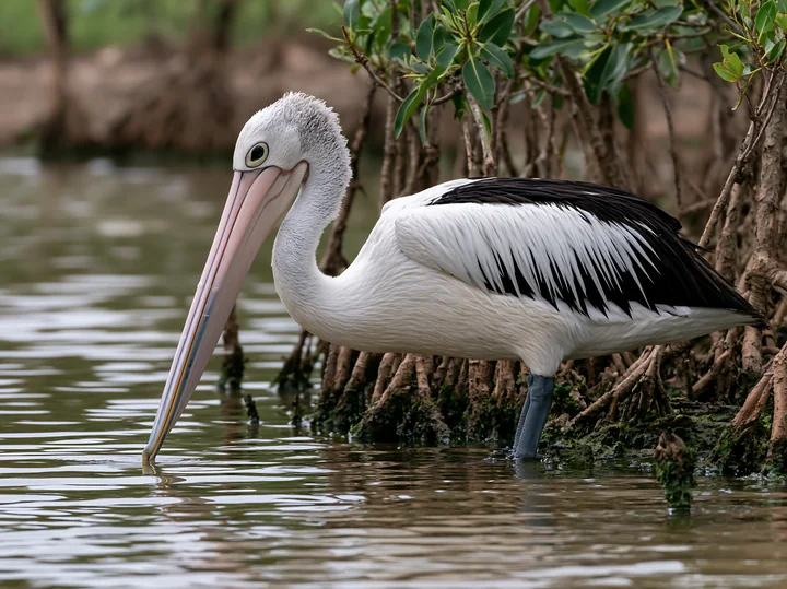 Australian pelican stands in coastal lagoon water beside mangrove roots with its long bill lowered.
