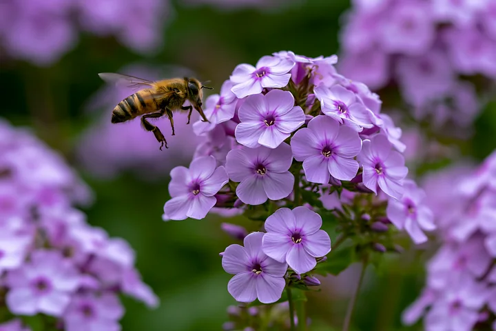 Bees gather nectar from vibrant phlox flowers in a cottage garden.