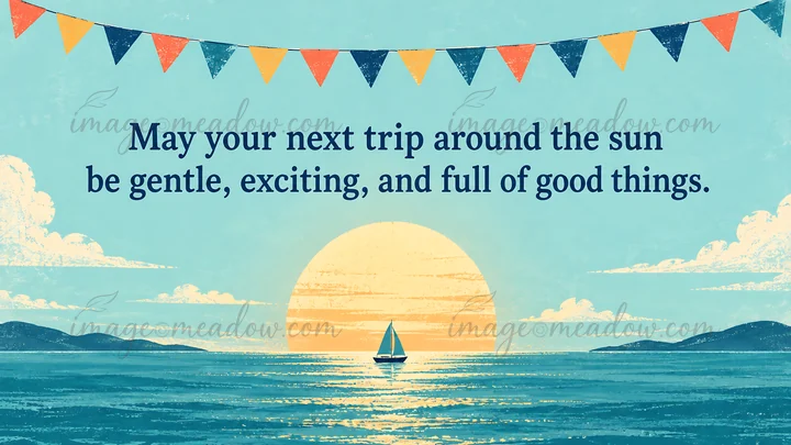 A birthday greeting reads, “May your next trip around the sun be gentle, exciting, and full of good things.” A small sailboat crosses a turquoise sea beneath a