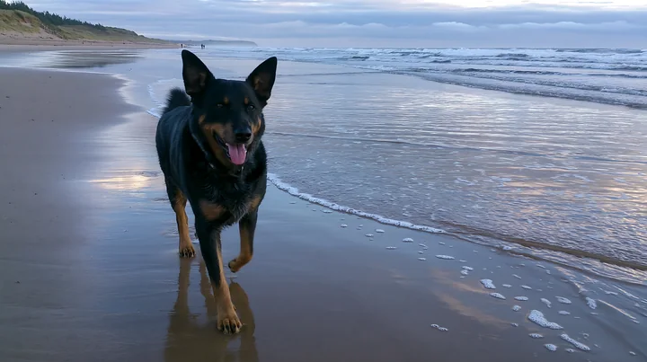 Black and tan dog walking on wet sand beside waves at an overcast seaside beach.