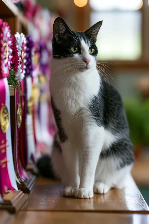 Black and white cat sitting beside colorful award ribbons on a wooden table indoors.