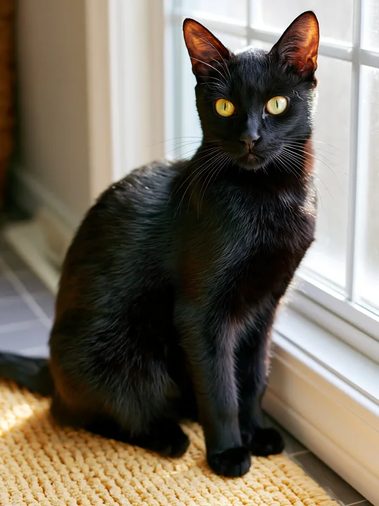 Black cat sitting on a textured rug beside a bright indoor window.