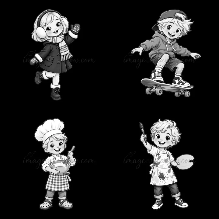 Four cartoon stickers show blond children in different activities. One is skating, another baking, a third painting, and the last is playing. Each child has dis