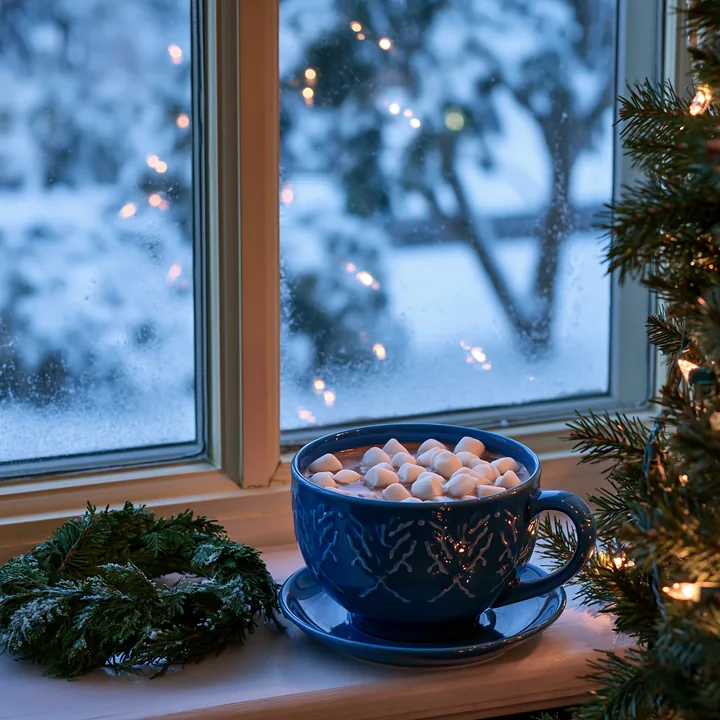 Blue cup of cocoa topped with marshmallows beside a decorated evergreen tree on a snowy windowsill.