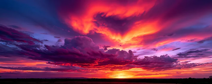 Bold colors fill the sky as the sun sets, casting orange, pink, and purple hues across the landscape.