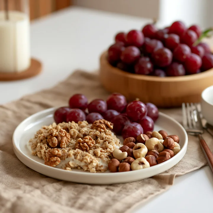 Breakfast plate with muesli is served alongside a bowl of grapes and a variety of nuts.