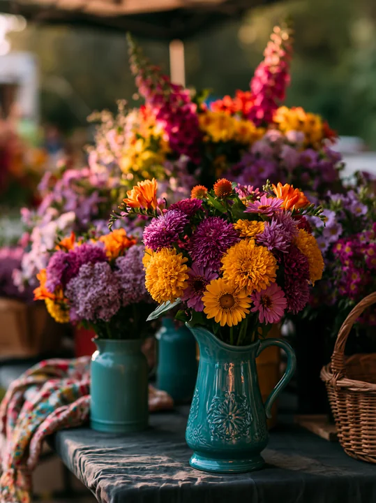 Bright flower arrangements are displayed in vases at a market.