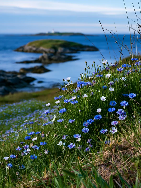 Bright flowers cover the foreground with an island visible in the background, featuring a lighthouse.