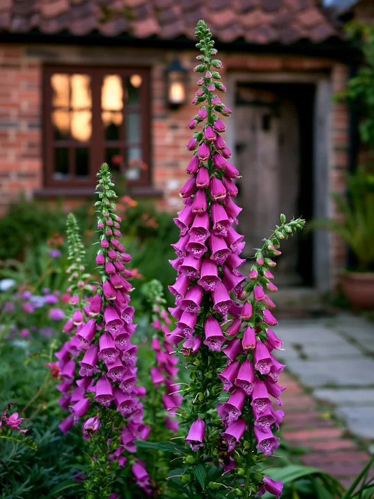Bright pink foxglove flowers grow beside a charming cottage.