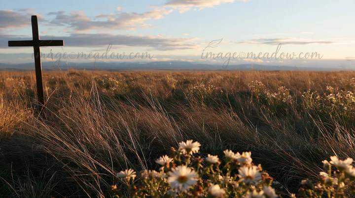 The scene shows a bronze Christian cross standing in a meadow filled with grass and wildflowers. The sun sets in the background, casting warm light across the l