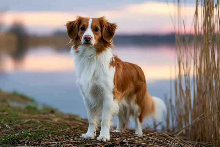 Brown and white dog looks at the camera while standing beside a calm lake and tall reeds.